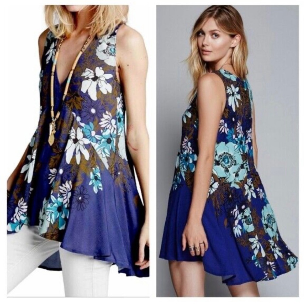 Free People Asymmetrical Blue Floral Tunic